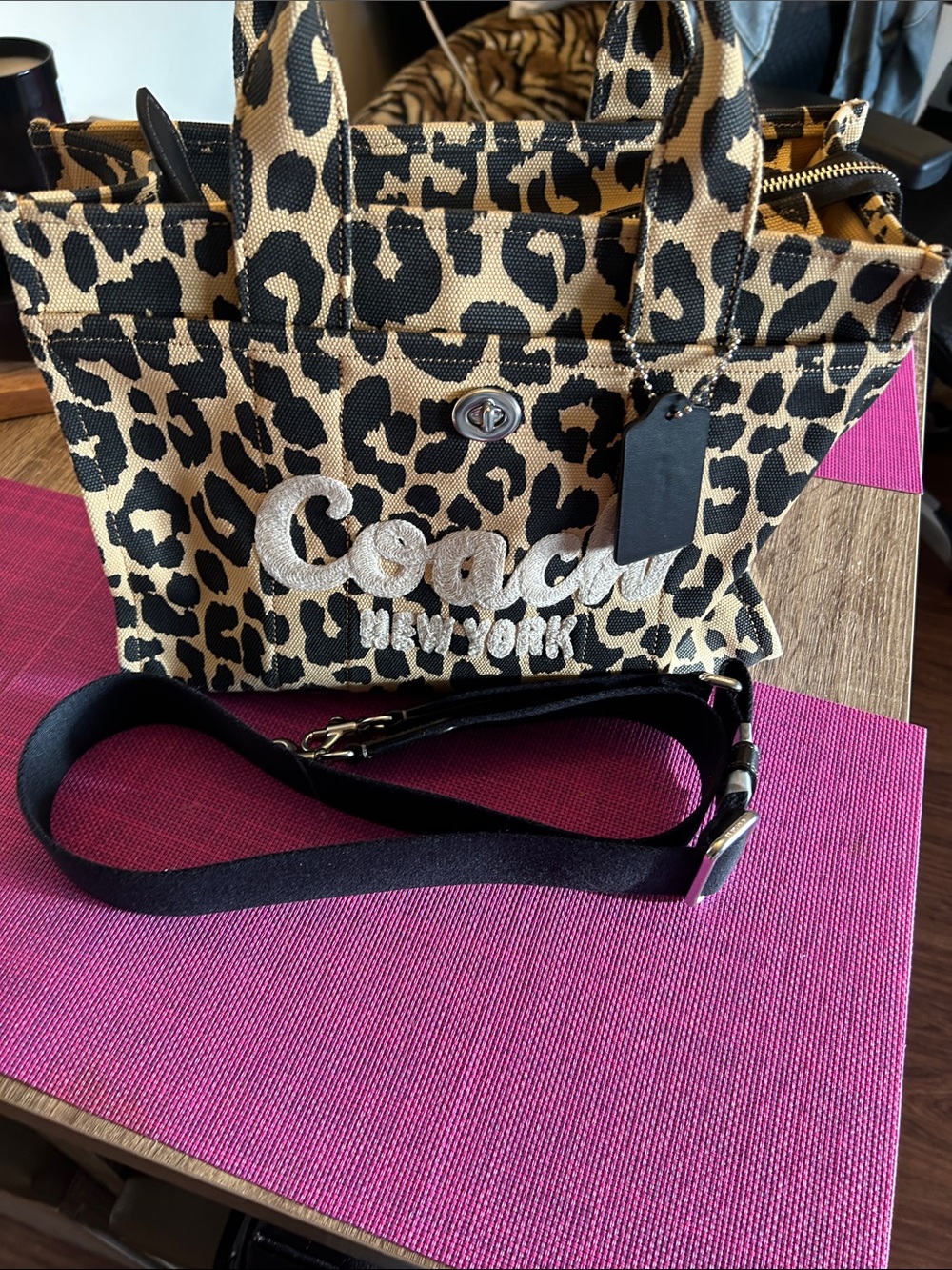 Coach Leopard-Print Canvas Tote with Black Detachable Strap - Tan/Black